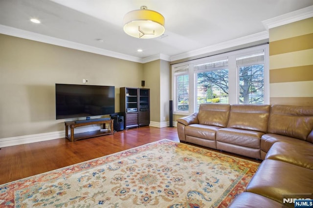 living room with crown molding and wood-type flooring