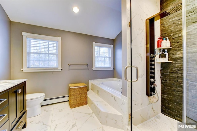 full bathroom with toilet, vanity, lofted ceiling, independent shower and bath, and baseboard heating