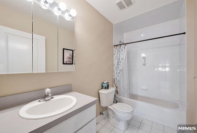 full bathroom with toilet, vanity, tile patterned flooring, and shower / bathtub combination with curtain