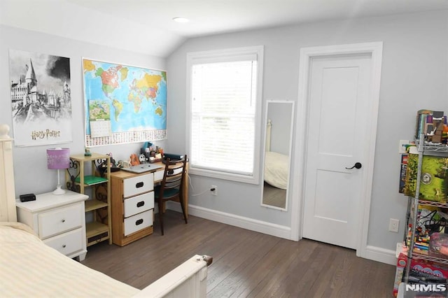 bedroom featuring vaulted ceiling and dark wood-type flooring