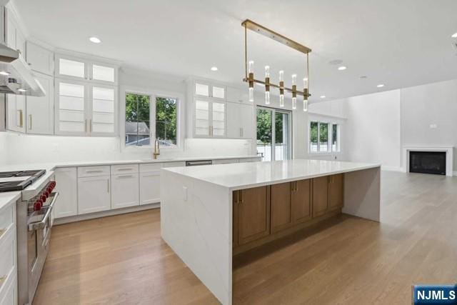 kitchen with white cabinets, range with two ovens, hanging light fixtures, a center island, and light hardwood / wood-style floors