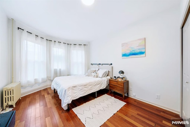 bedroom with wood-type flooring, radiator heating unit, and a closet