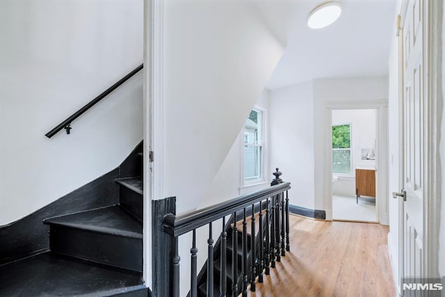 stairs featuring hardwood / wood-style flooring