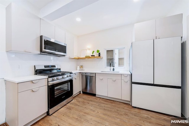 kitchen featuring sink, white cabinets, light hardwood / wood-style floors, and appliances with stainless steel finishes