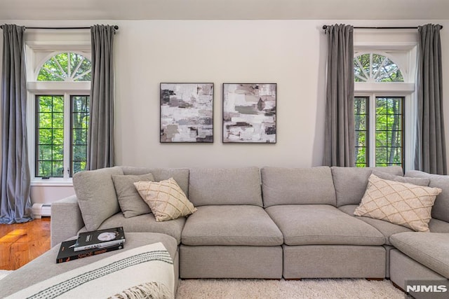 living room featuring wood-type flooring, plenty of natural light, and a baseboard heating unit