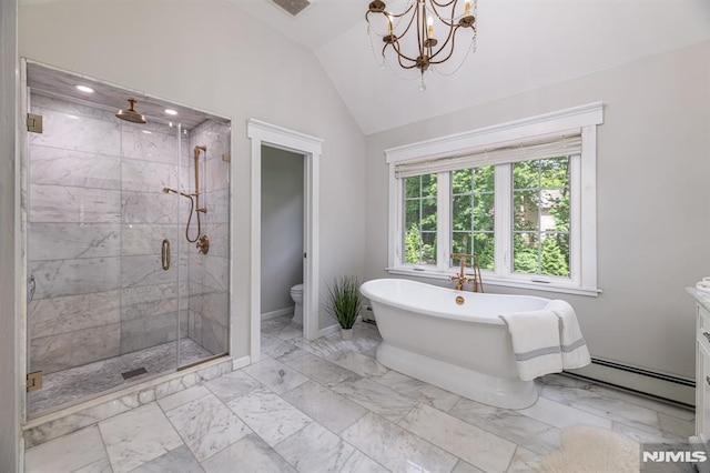 bathroom with baseboard heating, separate shower and tub, vaulted ceiling, vanity, and a chandelier