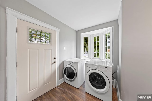 clothes washing area featuring washer and clothes dryer and dark hardwood / wood-style flooring