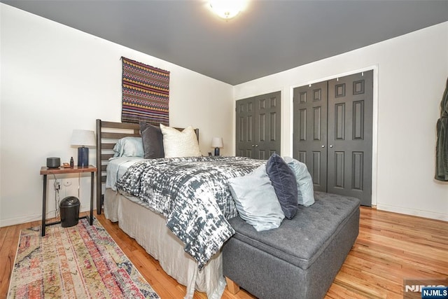 bedroom with two closets and wood-type flooring