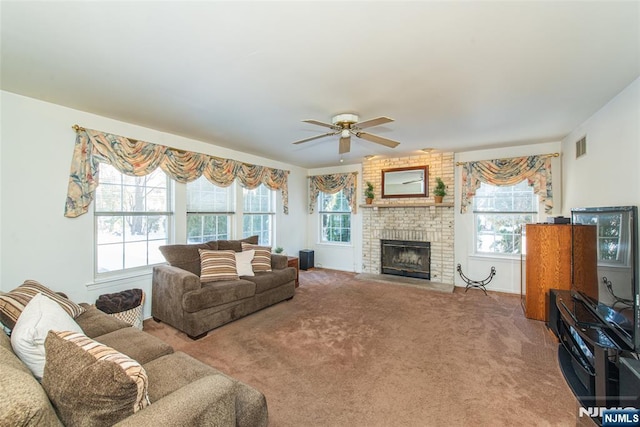 342 Mount Pleasant Ave, Rockaway Township, NJ 07801 - carpeted living room with ceiling fan and a fireplace