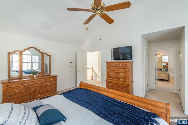 342 Mount Pleasant Ave, Rockaway Township, NJ 07801 - carpeted bedroom featuring ceiling fan, ensuite bathroom, and high vaulted ceiling