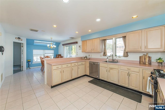342 Mount Pleasant Ave, Rockaway Township, NJ 07801 - kitchen featuring sink, light tile patterned floors, hanging light fixtures, stainless steel appliances, and kitchen peninsula