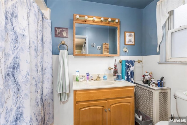 bathroom featuring vanity, toilet, and walk in shower