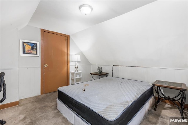 bedroom featuring lofted ceiling and light colored carpet