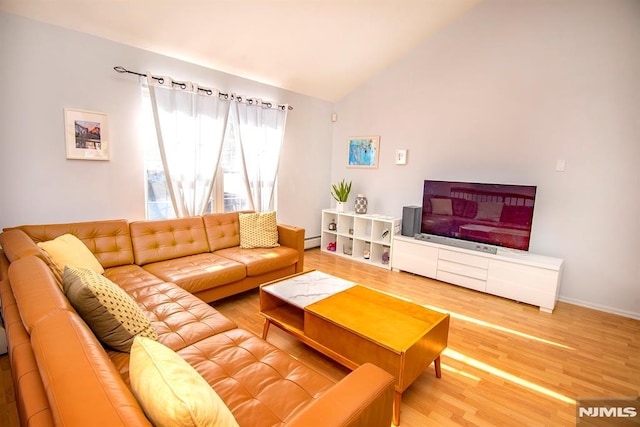 living room featuring hardwood / wood-style flooring and vaulted ceiling