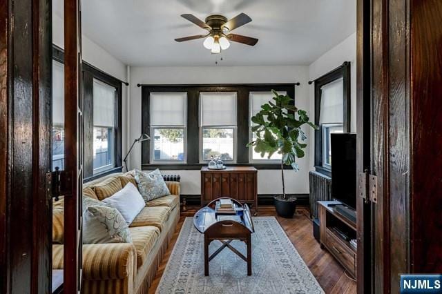 interior space featuring wood-type flooring and ceiling fan