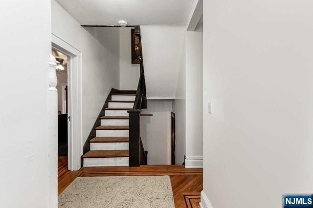 staircase with hardwood / wood-style floors