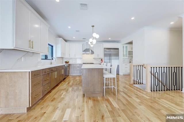 kitchen with pendant lighting, backsplash, white cabinets, a center island, and stainless steel appliances