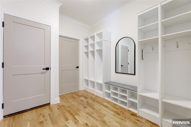 mudroom with hardwood / wood-style flooring and crown molding