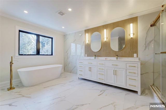 bathroom featuring vanity, ornamental molding, and plus walk in shower