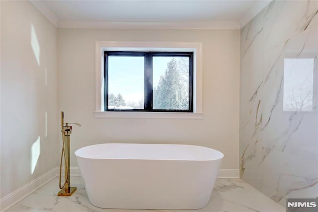 bathroom with ornamental molding and a bathtub