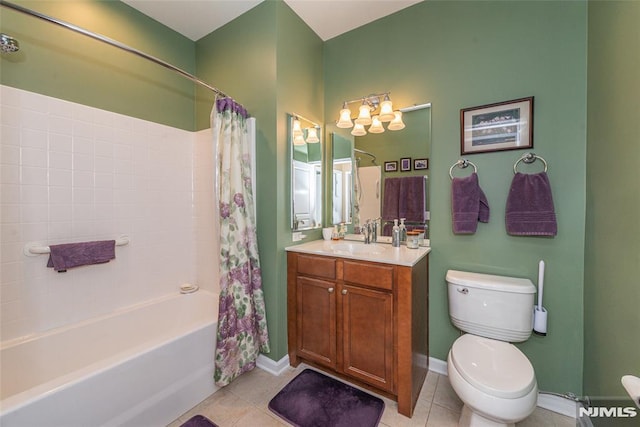 full bathroom with shower / bath combo with shower curtain, toilet, tile patterned flooring, and vanity