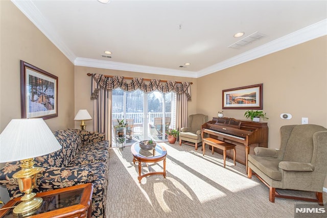 living room featuring carpet and ornamental molding