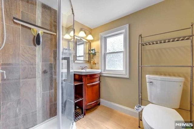 bathroom featuring a shower with door, toilet, and vanity