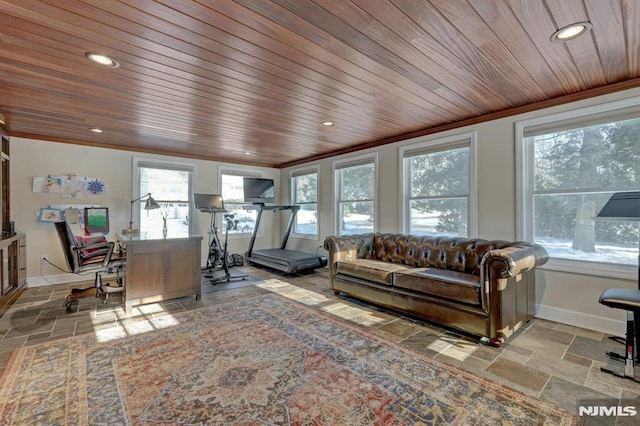 living room with wooden ceiling and crown molding