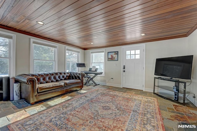 living room with wooden ceiling and ornamental molding