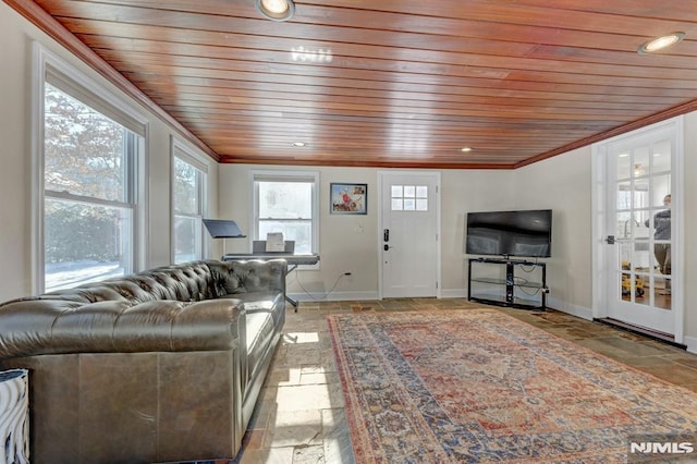 living room with ornamental molding and wooden ceiling