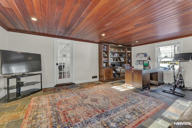 home office featuring wooden ceiling and ornamental molding