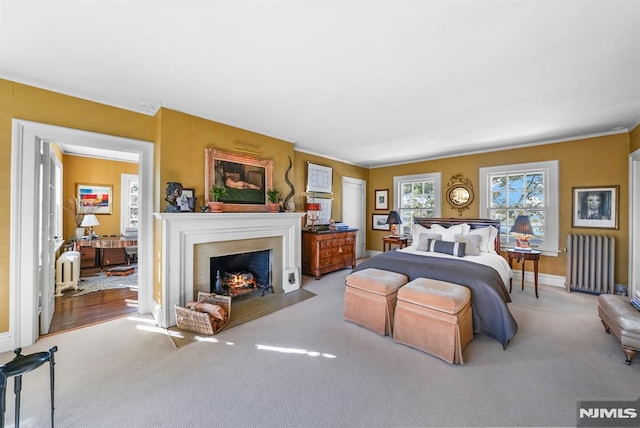 carpeted bedroom featuring radiator