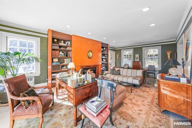 living room featuring crown molding and a healthy amount of sunlight