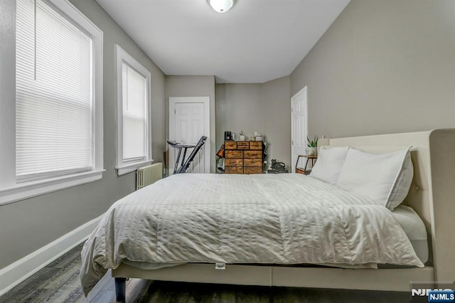 bedroom with radiator and dark hardwood / wood-style flooring