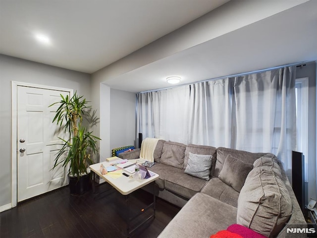 living room with dark hardwood / wood-style flooring