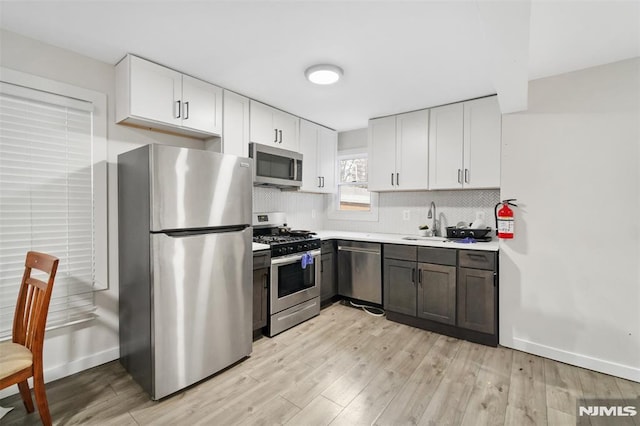 kitchen with backsplash, white cabinetry, light hardwood / wood-style flooring, and stainless steel appliances