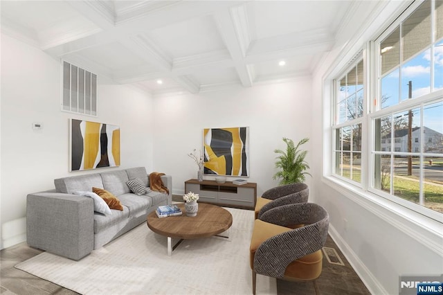 living room featuring ornamental molding, coffered ceiling, and beam ceiling