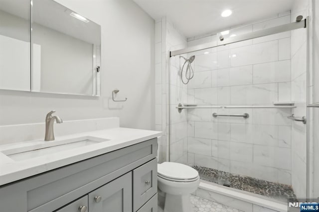 bathroom with vanity, an enclosed shower, and toilet