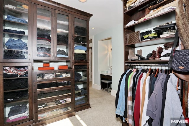 walk in closet with light carpet