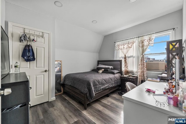 bedroom featuring lofted ceiling and dark hardwood / wood-style floors