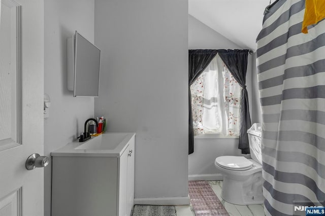 bathroom with vanity, lofted ceiling, and toilet