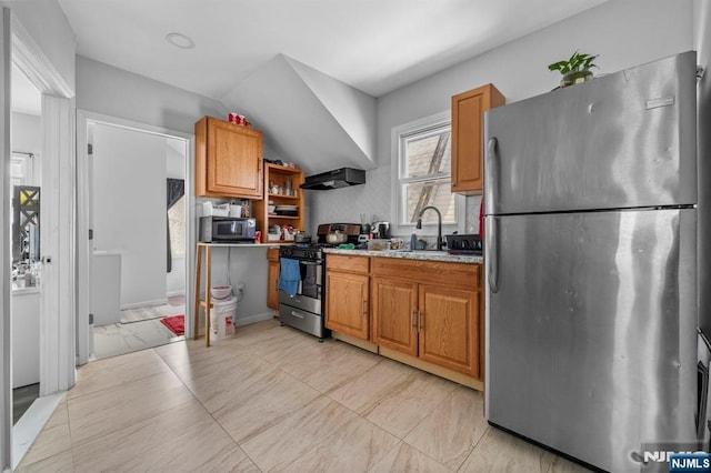 kitchen with appliances with stainless steel finishes, sink, exhaust hood, and lofted ceiling