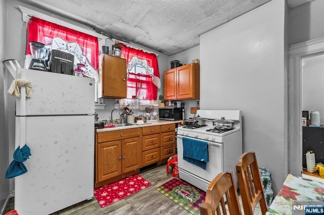 kitchen with white appliances, sink, and light hardwood / wood-style flooring