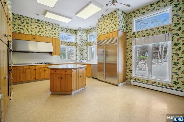 kitchen featuring stainless steel appliances, a baseboard radiator, a center island, and sink