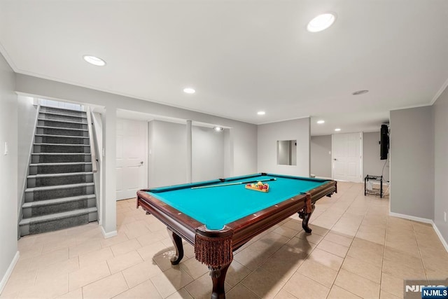 playroom featuring ornamental molding, light tile patterned floors, and billiards