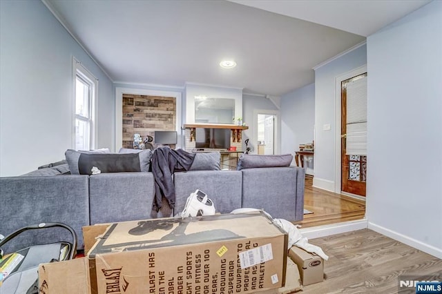 living room featuring crown molding