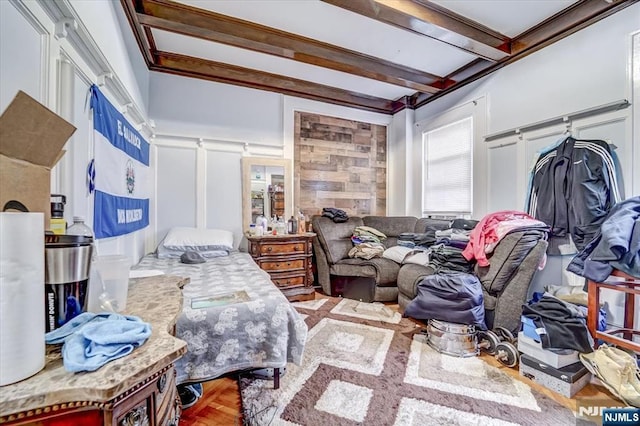 bedroom with beamed ceiling