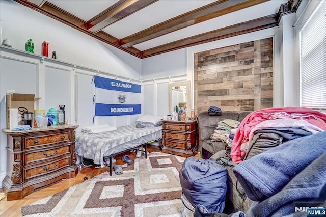 bedroom with beam ceiling