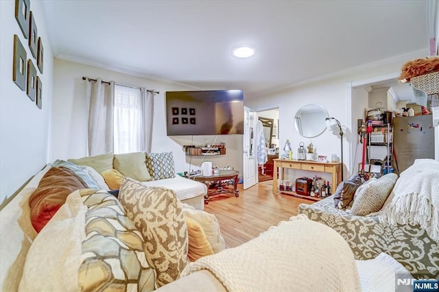 living room with crown molding and hardwood / wood-style flooring