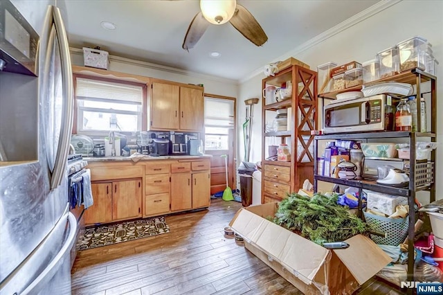 kitchen featuring light brown cabinetry, ornamental molding, ceiling fan, light hardwood / wood-style floors, and stainless steel appliances